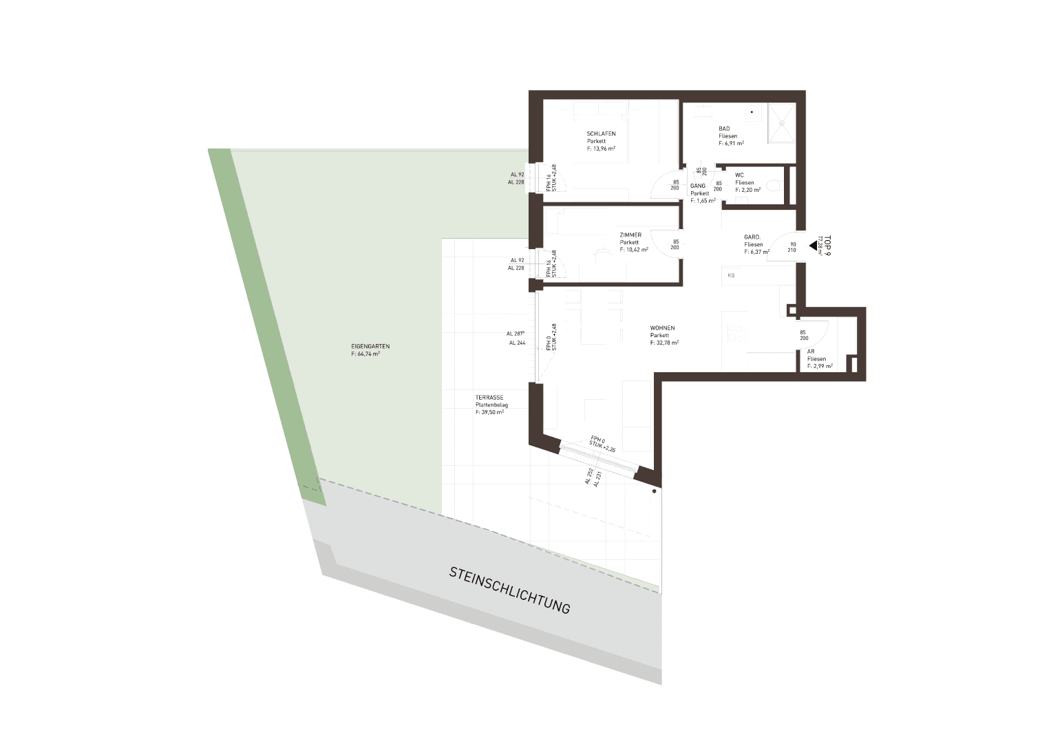 Grundriss einer Wohnung mit Schlafzimmer, Bad, WC, Gang, Wohnen und Eigengarten.