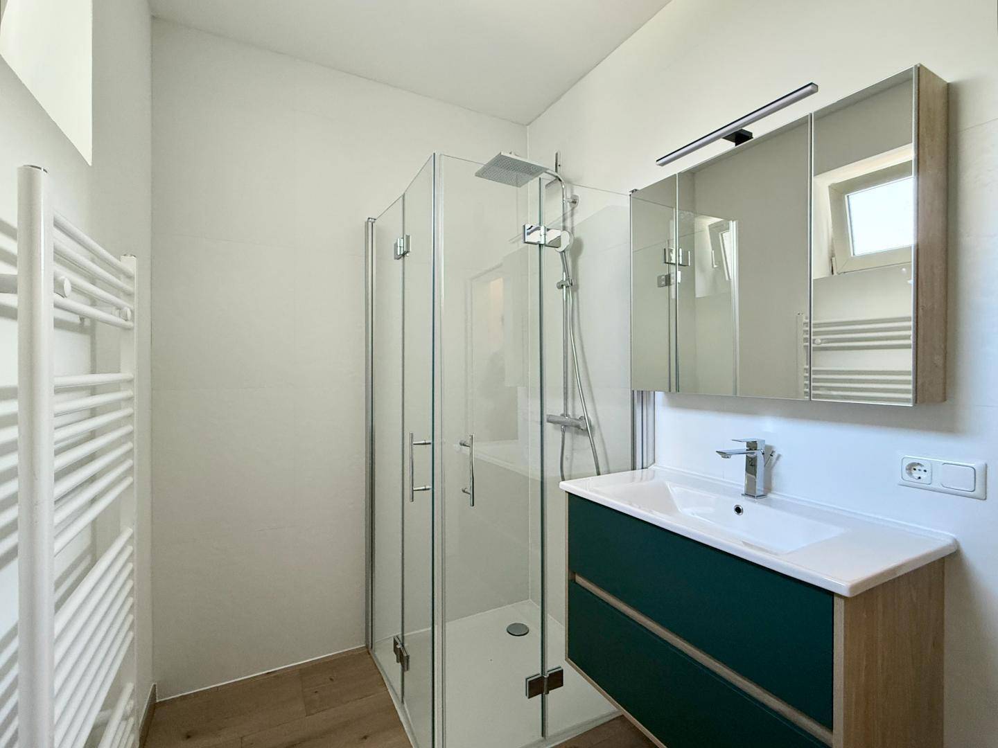 Modernes Badezimmer mit Duschkabine, Waschbeckenunterschrank und beheiztem Handtuchhalter.