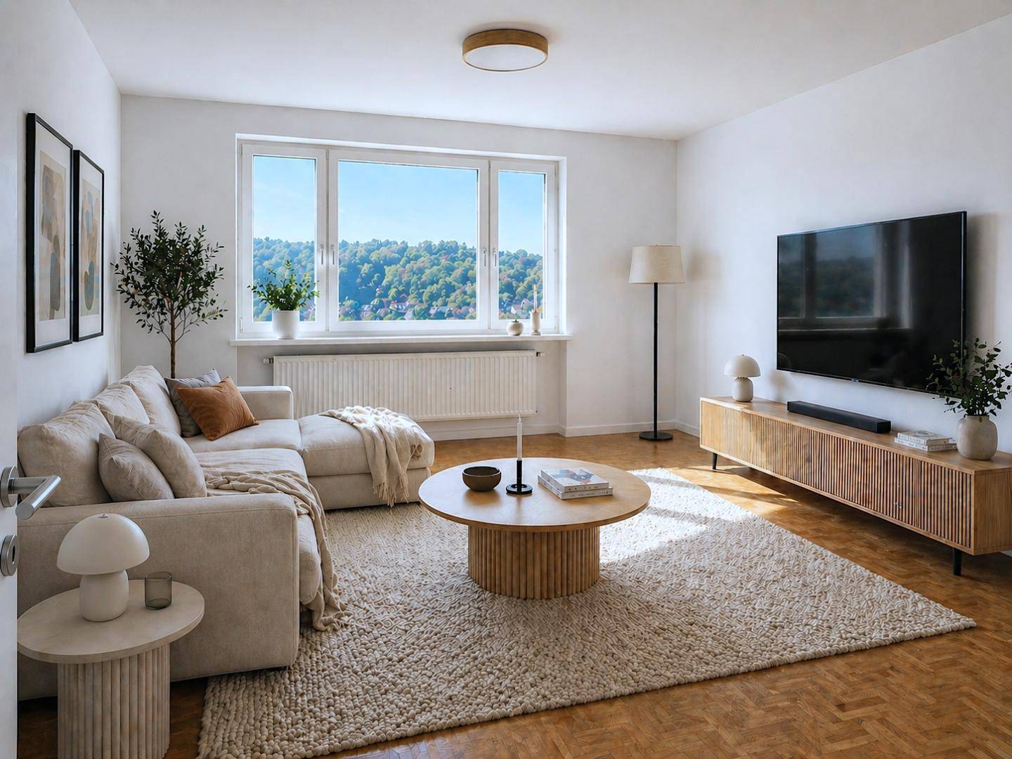 Lichtdurchflutetes Wohnzimmer mit großem Fenster, beigem Sofa und Blick ins Grüne.