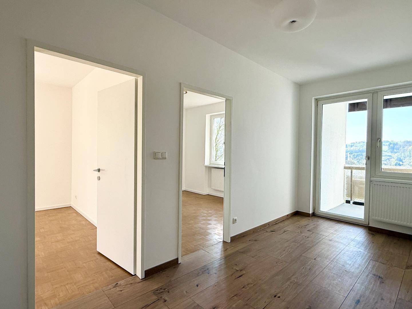 Geräumiger Flur mit Holzboden und Türen zu verschiedenen Zimmern sowie Balkonzugang.