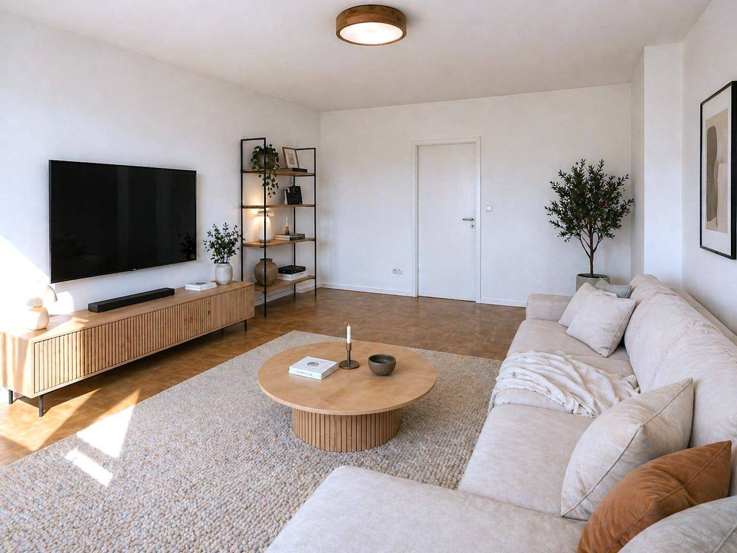 Gemütliches Wohnzimmer mit Ecksofa, Fernseher und modernem Couchtisch auf Parkettboden.
