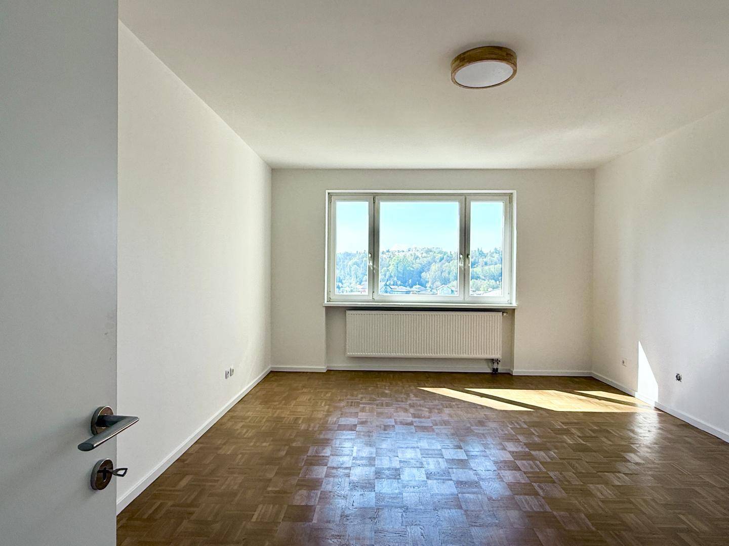 Helles, unmöbliertes Wohnzimmer mit Parkettboden und Fenster mit schöner Aussicht.