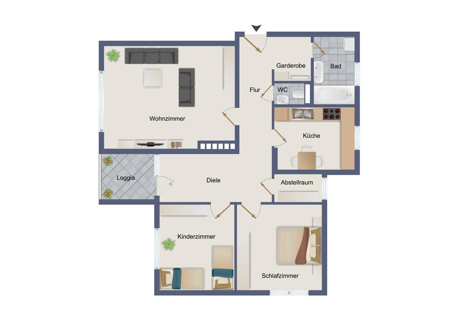 Grundriss der Wohnung mit Wohnzimmer, Loggia, Küche, Bad und zwei Schlafzimmern.