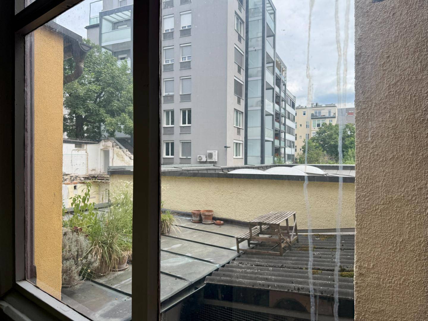 Blick aus einem Fenster auf eine Dachterrasse mit Pflanzen und Töpfen sowie umliegende Gebäude.