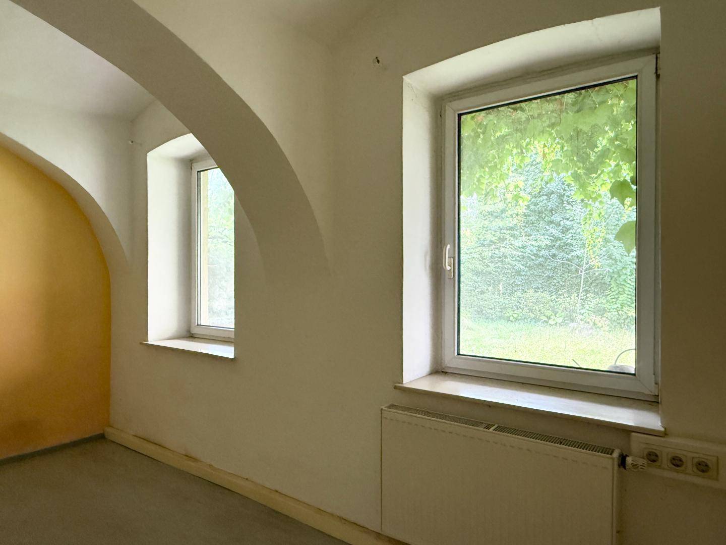 Heller Raum mit zwei Fenstern, die einen Blick ins Grüne bieten, Heizkörper und gewölbter Decke.