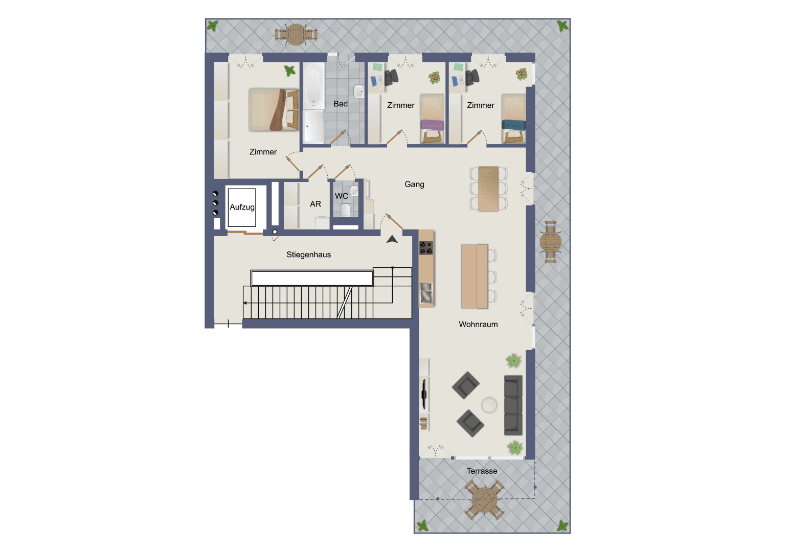 Detaillierter Grundriss einer Wohnung mit mehreren Zimmern, Bad, WC und großer Terrasse.