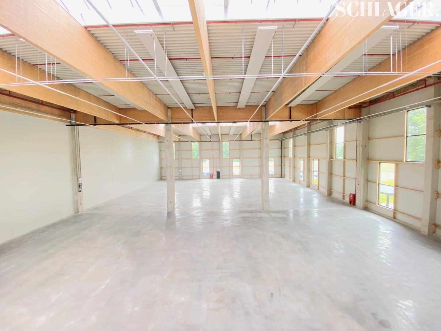 Weitläufige Lagerhalle mit viel Tageslicht, Betonboden und beeindruckender Holz-Stahl-Dachkonstruktion.