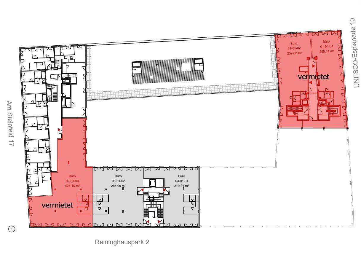 Grundrissplan einer Büroetage mit mehreren Büroeinheiten, einige davon sind bereits vermietet.