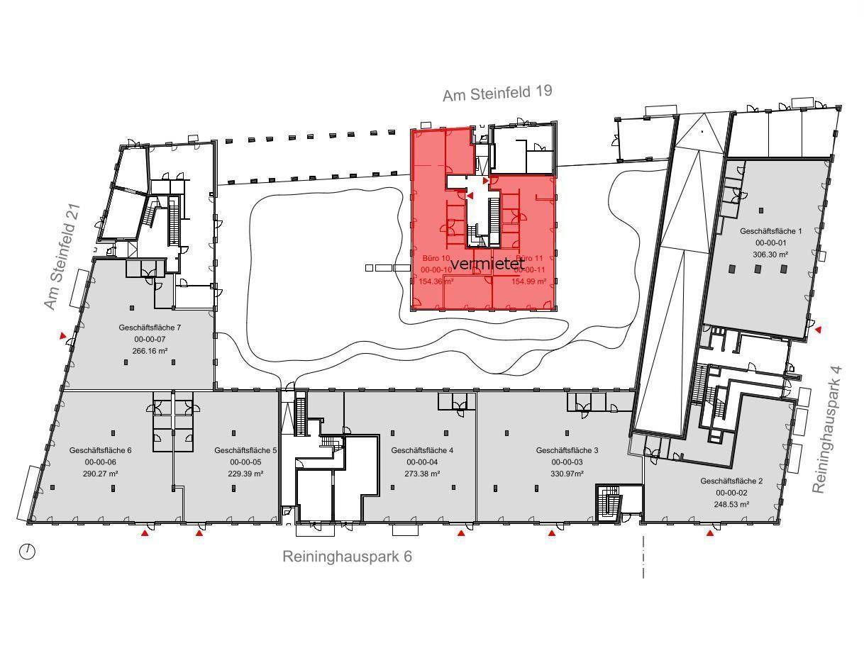 Grundrissplan eines Gewerbegeschosses mit verschiedenen Geschäftsflächen und einem vermieteten Bereich.