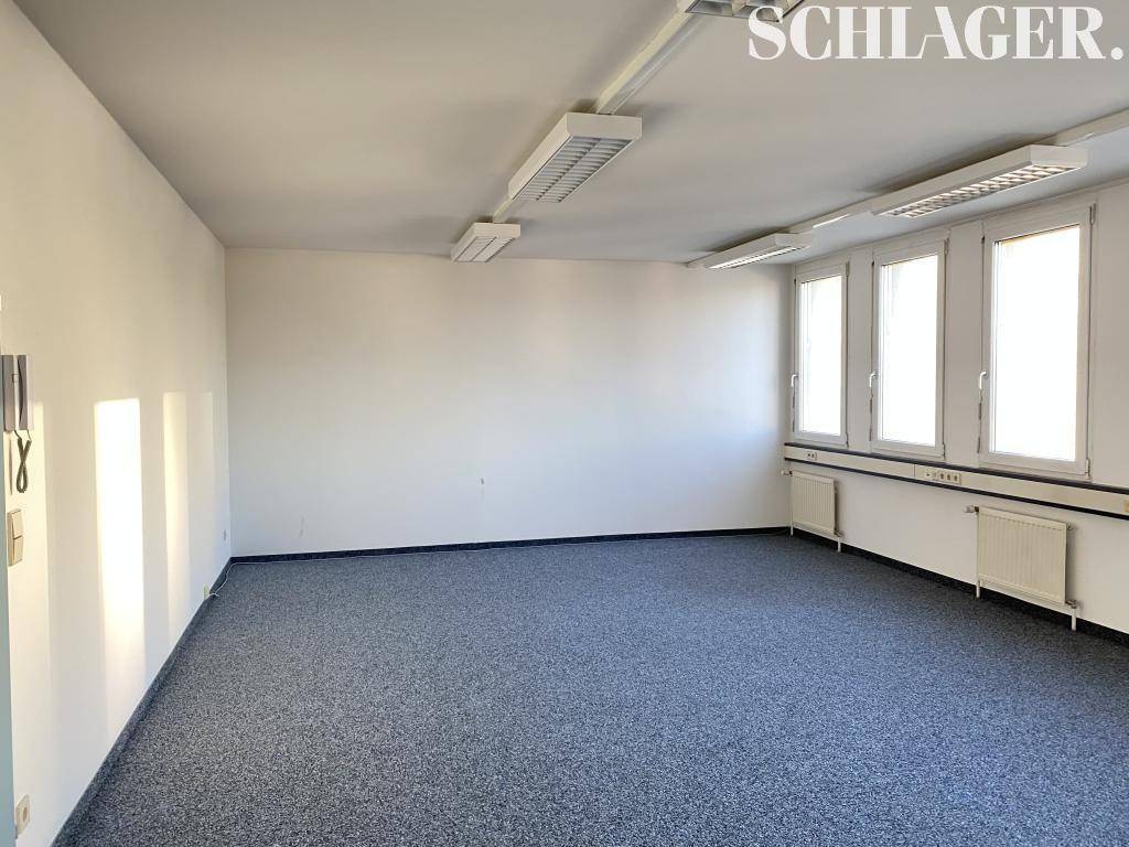 Leeres Büro mit grauem Teppichboden, weißen Wänden und ausreichend Tageslicht durch die Fensterfront.