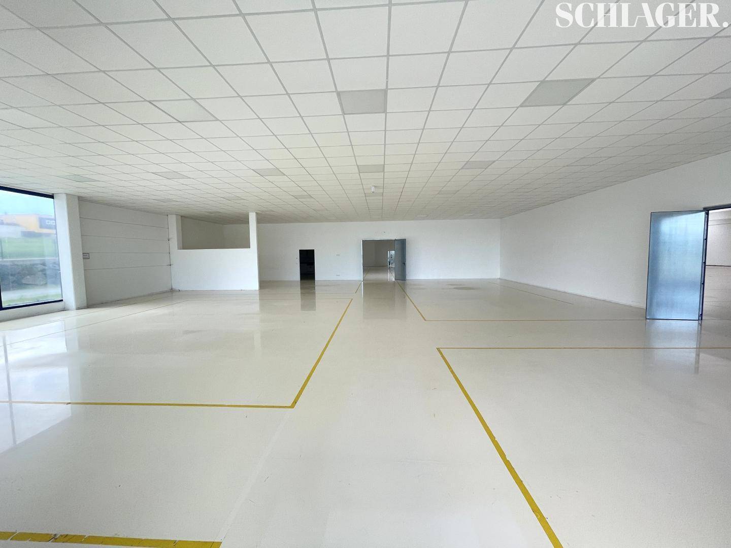 Heller, offener Gewerberaum mit Rasterdecke, glänzendem Boden und gelben Markierungen auf dem Boden.
