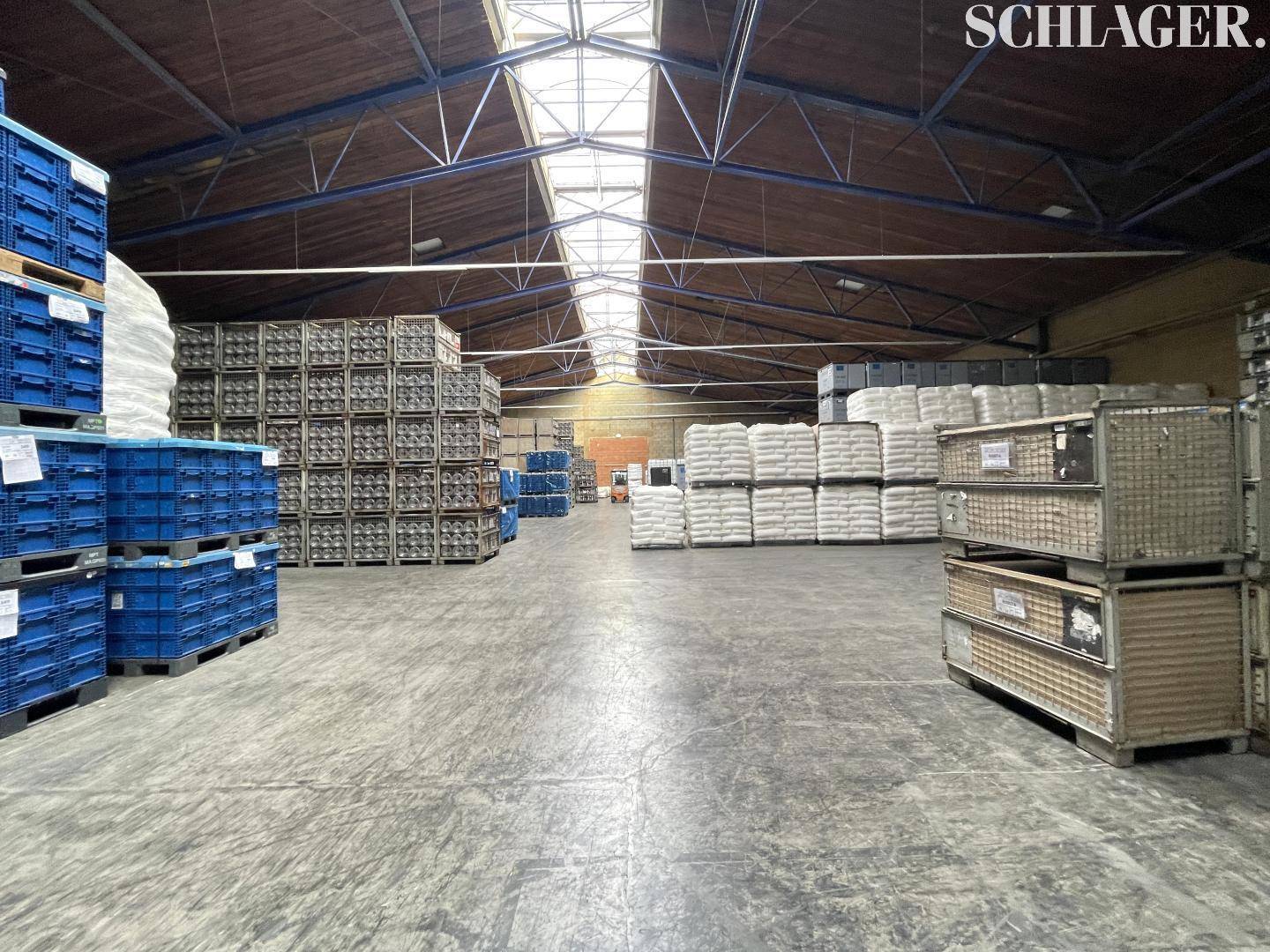 Weitläufige Lagerhalle mit blauen und grauen Lagerbehältern, hohen Decken und viel natürlichem Licht.