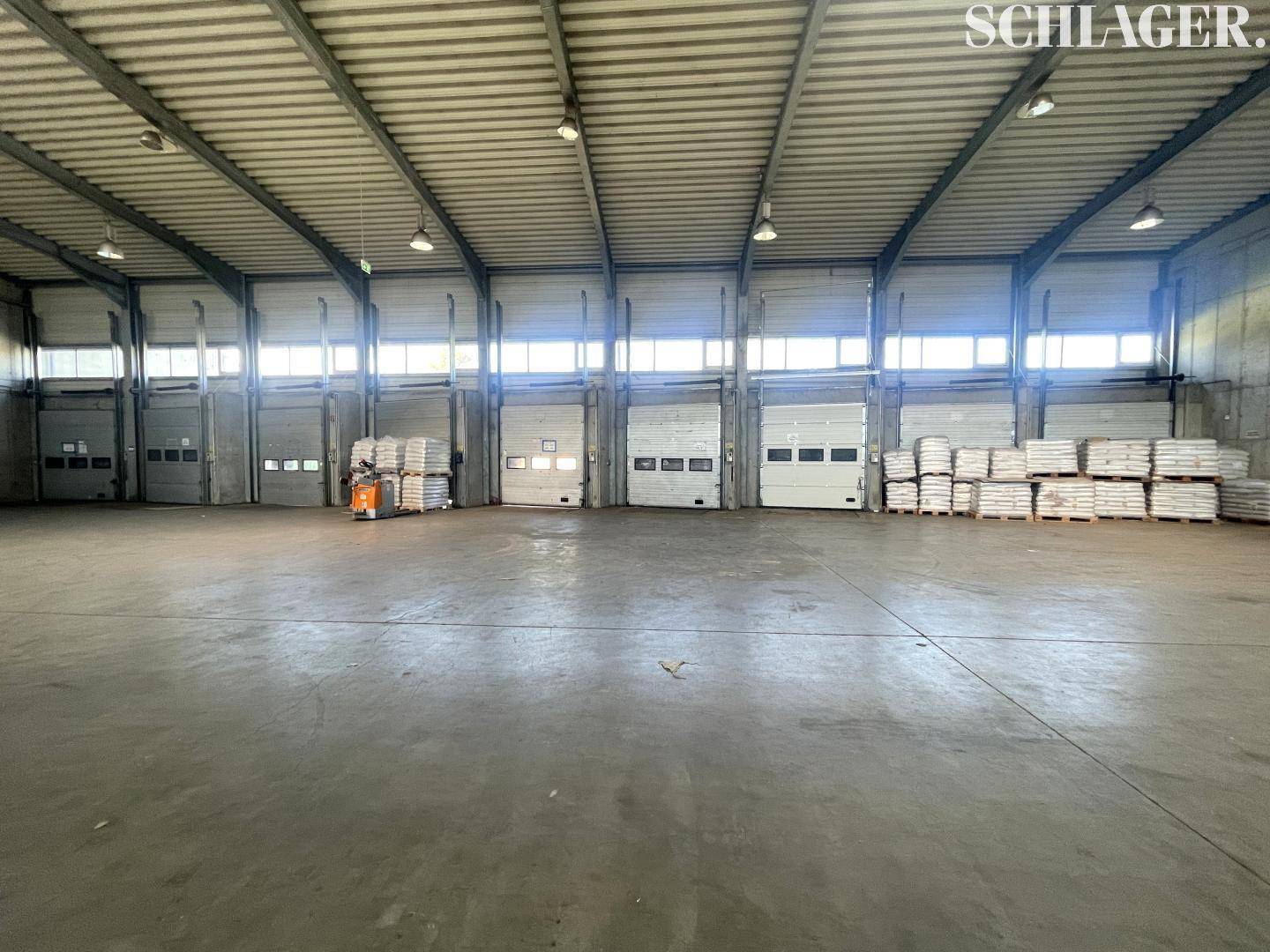Helle Lagerhalle mit Betonboden und einer Reihe von Rolltoren, die vielseitige Nutzungsmöglichkeiten bieten.