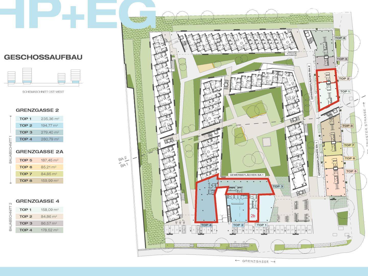 Übersichtsplan des Gebäudekomplexes mit Wohn- und Gewerbeflächen sowie Außenanlagen.