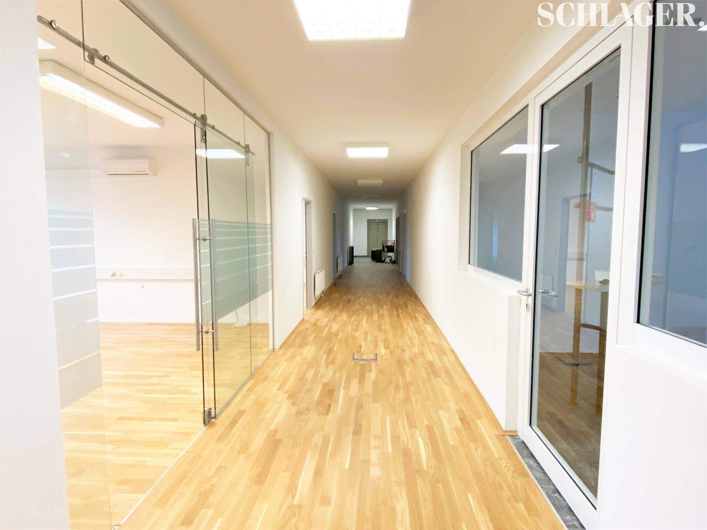 Langer, heller Flur mit Holzfußboden und modernen Glastüren, die zu den angrenzenden Büroräumen führen.