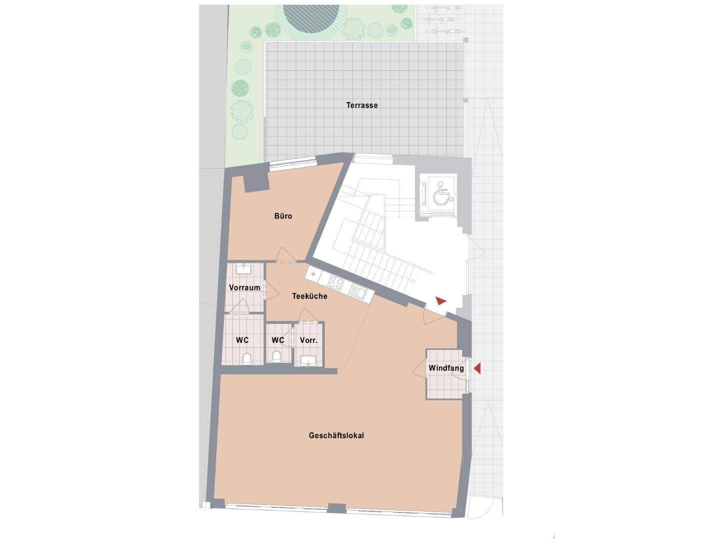 Grundriss eines Geschäftslokals mit Büro, Teeküche, Toiletten und einer großzügigen Terrasse im Außenbereich.