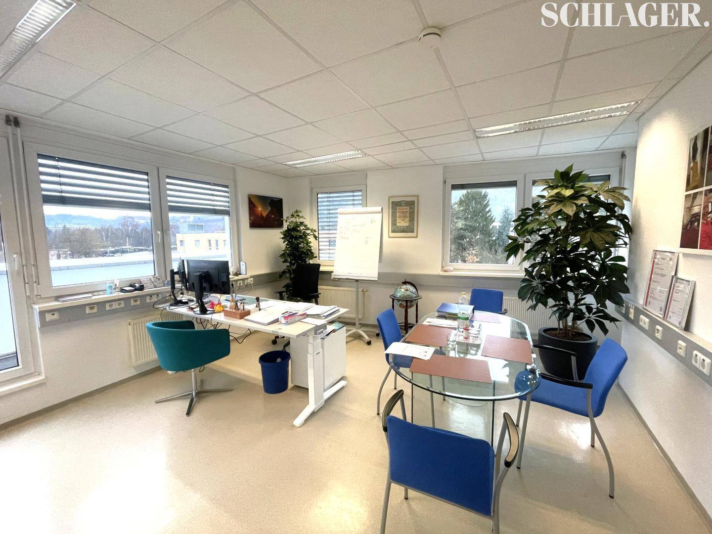 Helles Büro mit mehreren Arbeitsplätzen, Besprechungstisch und Blick ins Grüne durch große Fenster.