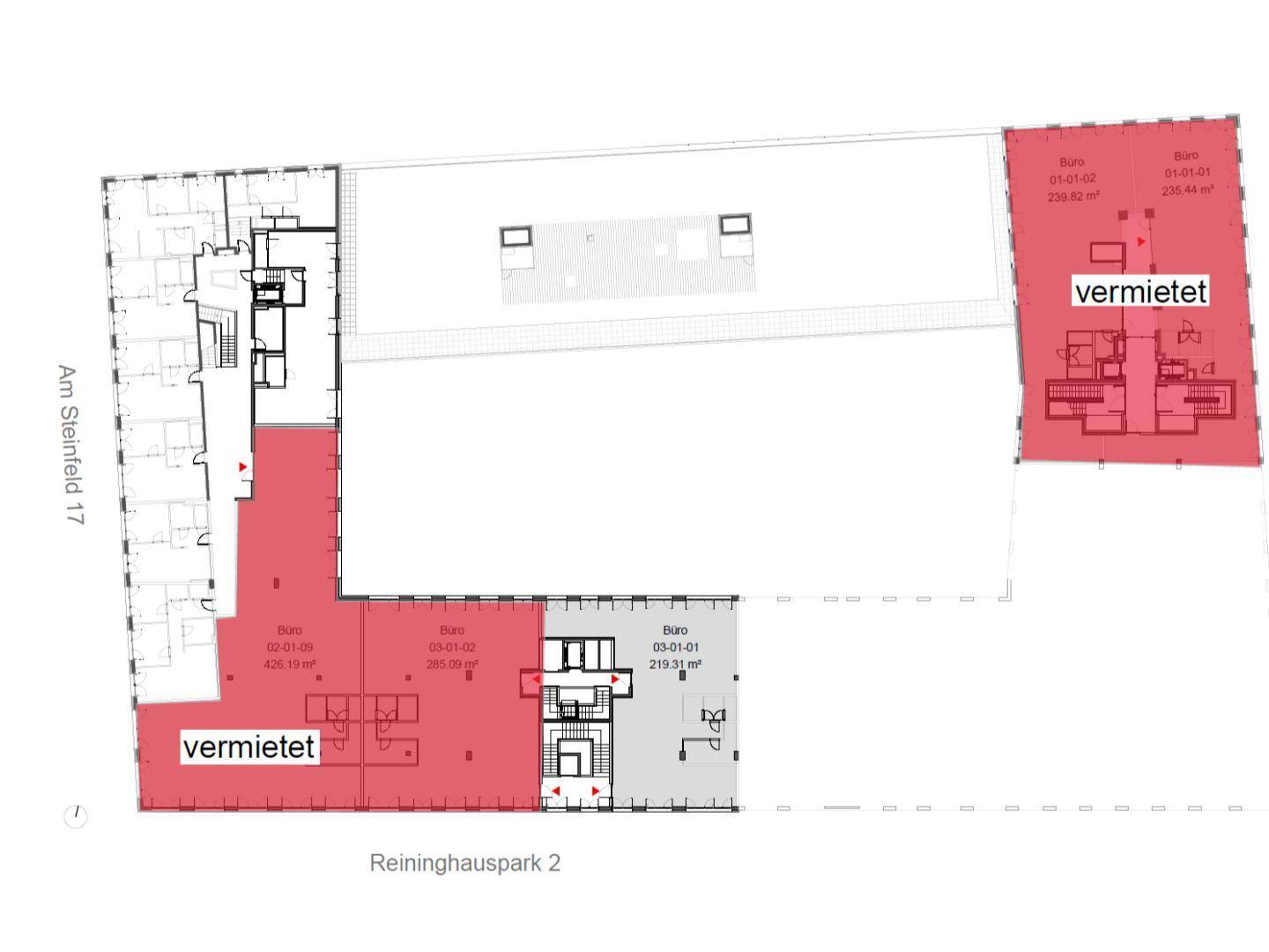 Grundrissplan mit Büroflächen, wobei einige Einheiten bereits als vermietet gekennzeichnet sind.