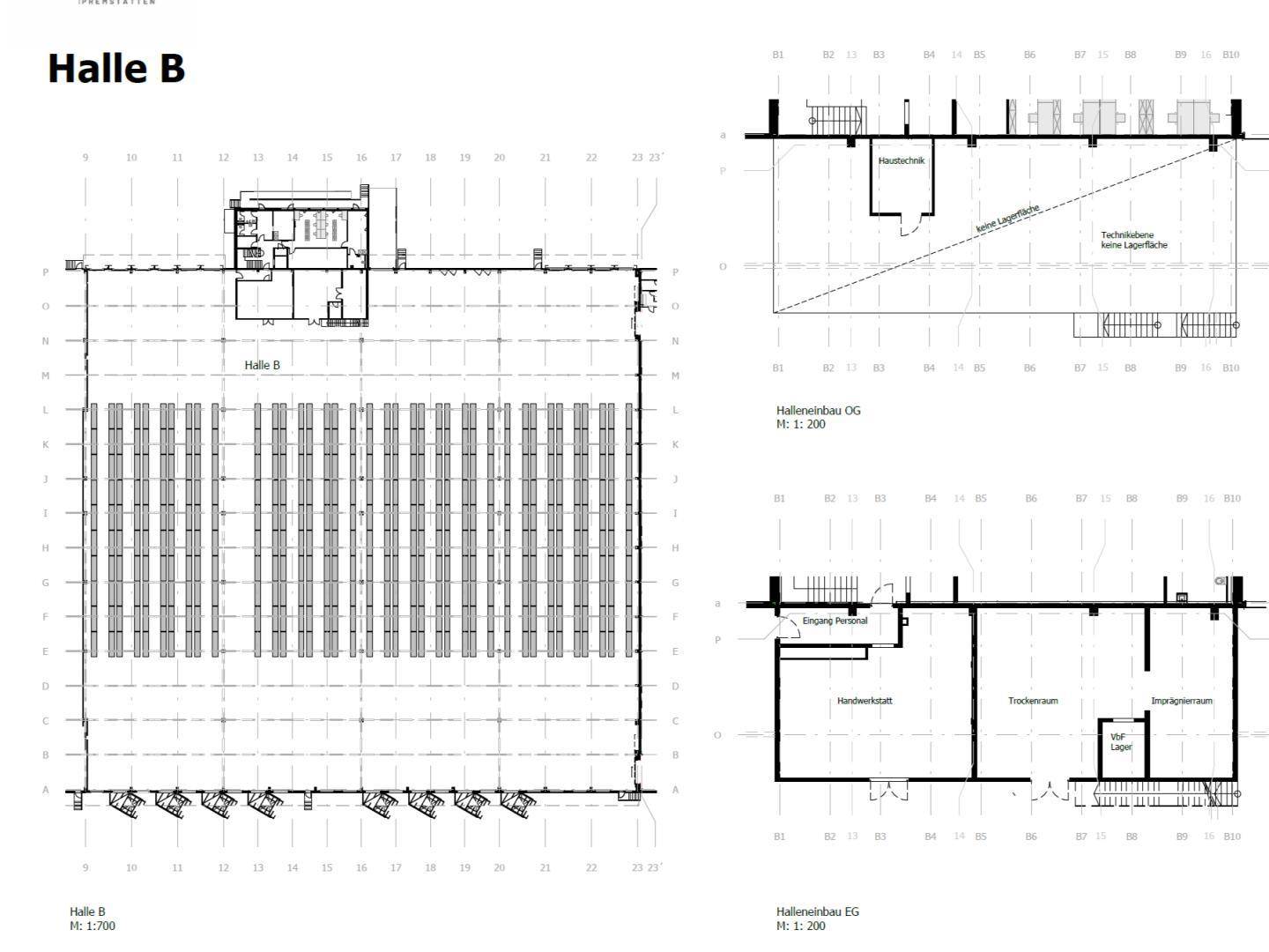 Grundriss der Halle B mit Lagerflächen, Werkstatt, Büros und Sanitärbereichen auf zwei Etagen.