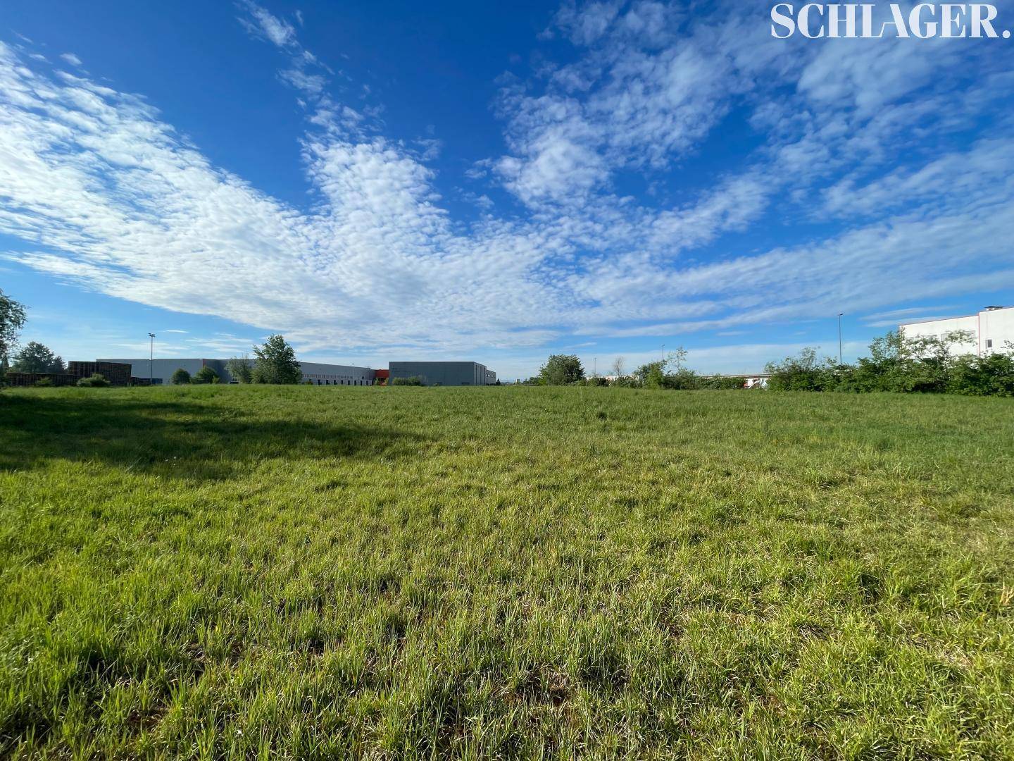Weitläufiges grünes Feld unter blauem Himmel mit einigen Industriegebäuden in der Ferne.
