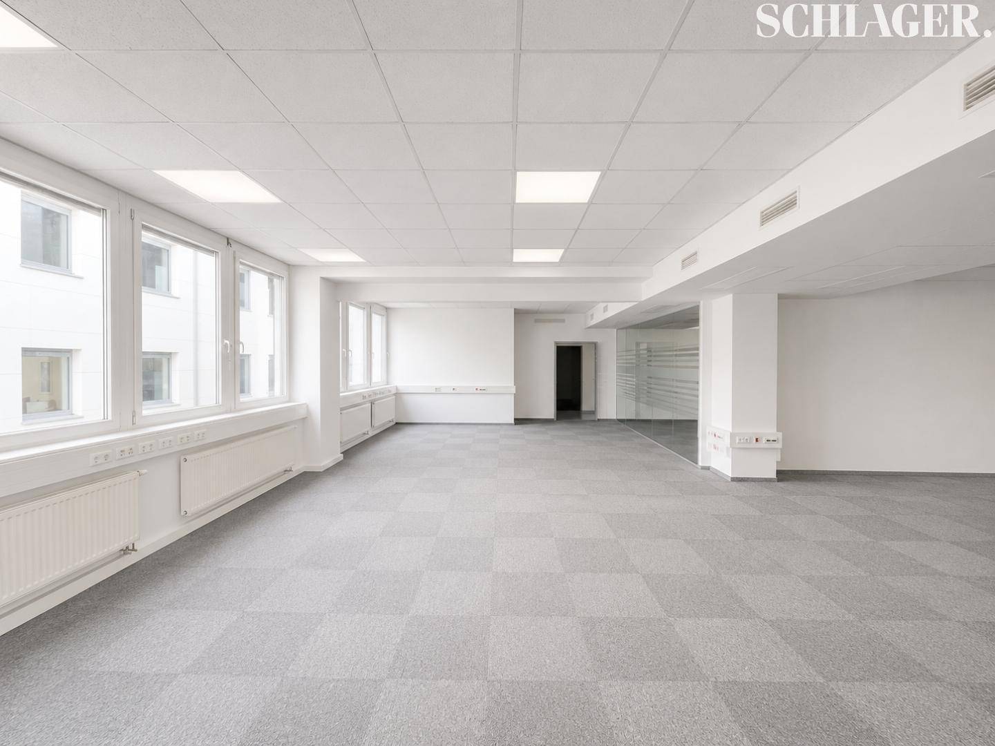 Großer, leerer Büroraum mit Teppichboden, vielen Fenstern und abgehängter Decke.