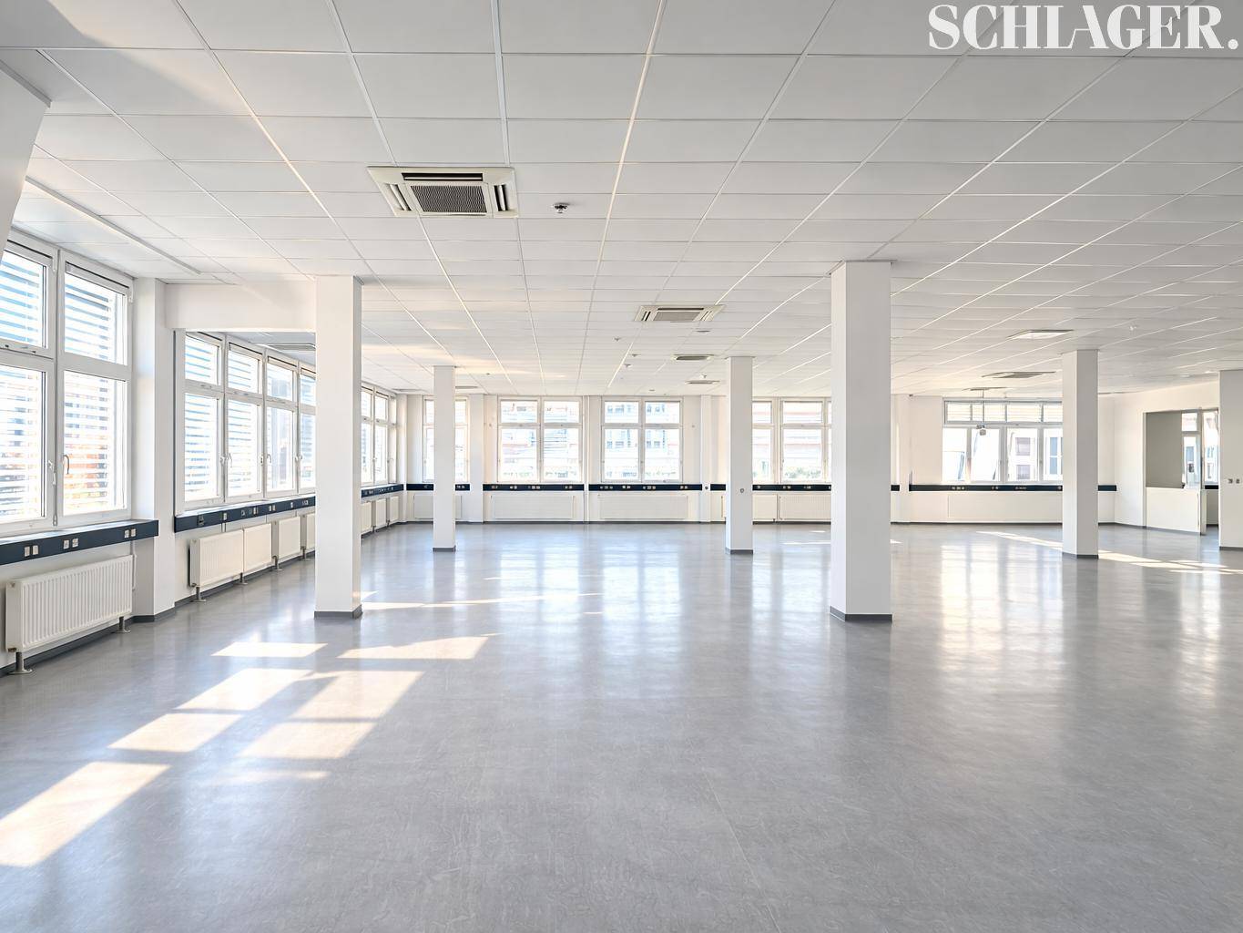Geräumiger, unmöblierter Büroraum mit zahlreichen Fenstern und abgehängter Decke.