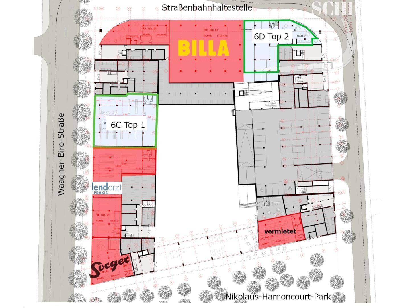 Detaillierter Grundriss eines Gebäudes mit verschiedenen Mietflächen, darunter ein Supermarkt und Arztpraxen.
