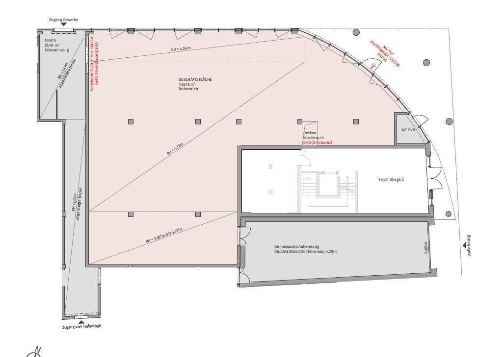 Grundriss einer großen Geschäftsfläche mit Foyer, Treppenhaus und Zugang zur Tiefgarage.