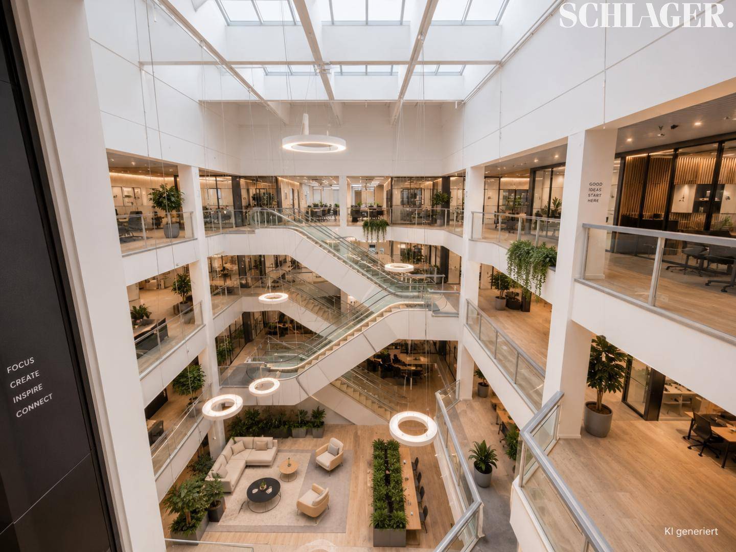 Beeindruckendes mehrstöckiges Atrium mit großer Treppe, Glasgeländern und viel natürlichem Licht durch das Dachfenster.