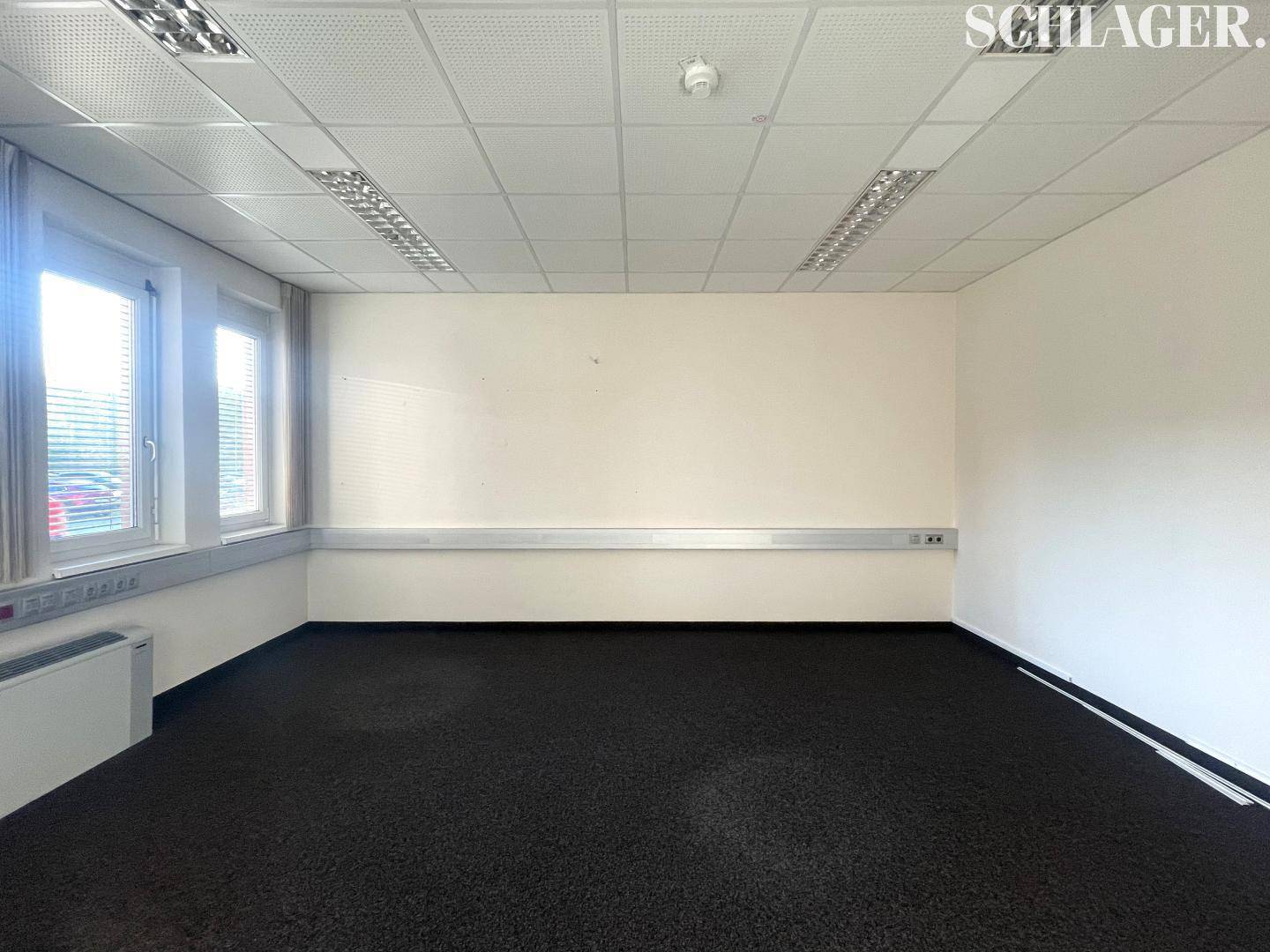 Leeres Büro mit Teppichboden, zwei Fenstern und abgehängter Decke, gut beleuchtet.