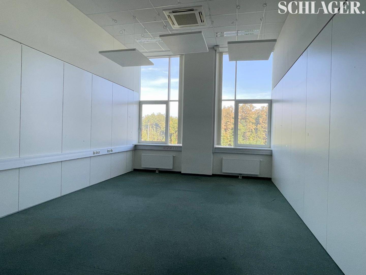 Leeres Büro mit grünem Teppichboden, weißen Wänden und zwei großen Fenstern mit Blick ins Grüne.