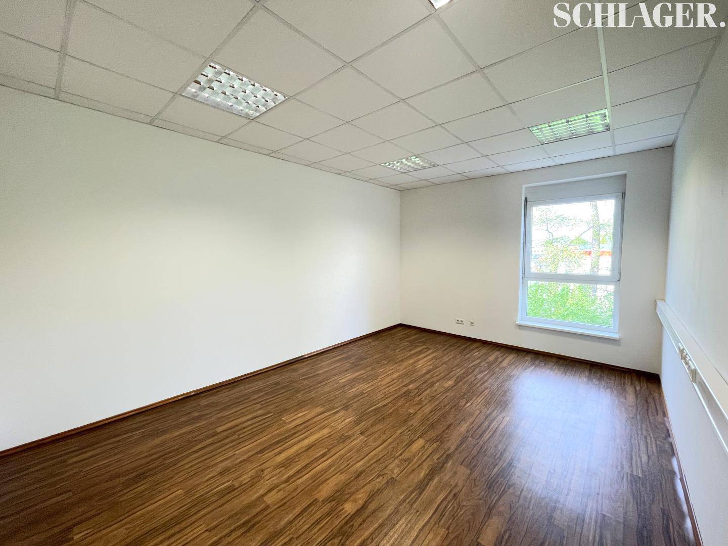 Leeres Büro mit Laminatboden, weißen Wänden und einem Fenster, das einen Blick ins Grüne bietet.