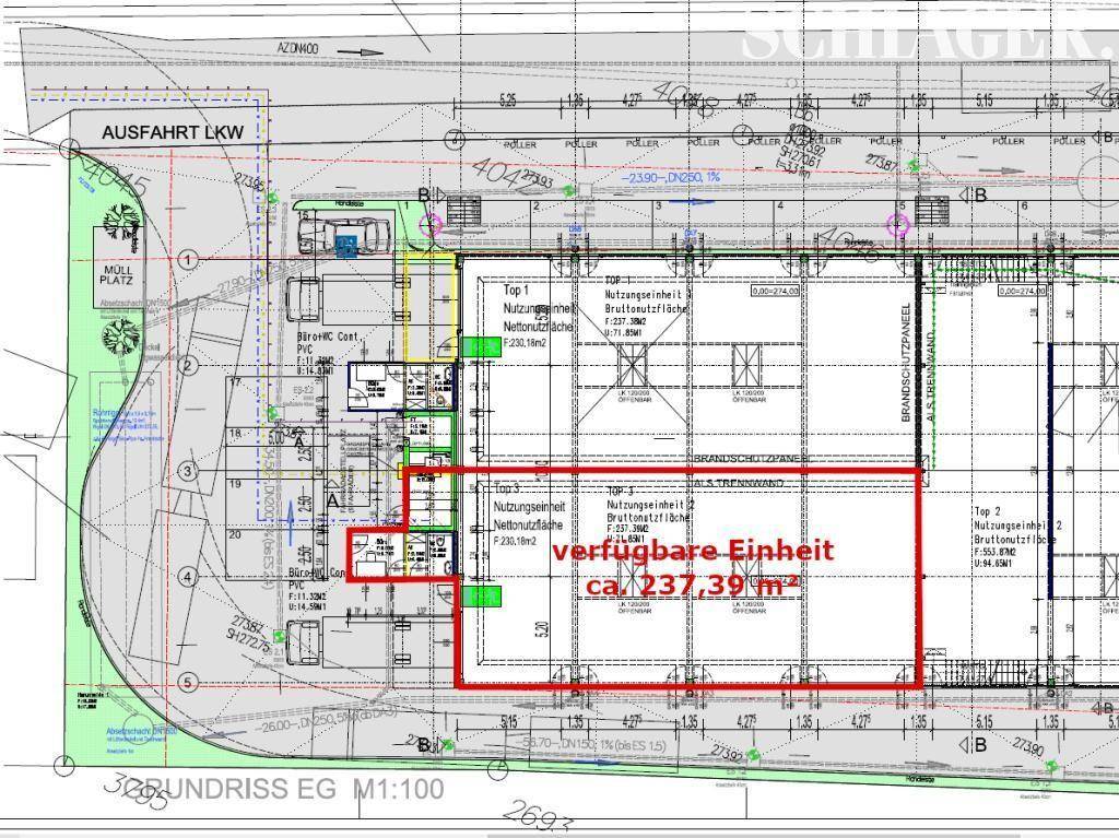 Detaillierter Grundriss des Erdgeschosses mit eingezeichneten Nutzflächen und Bürobereichen.
