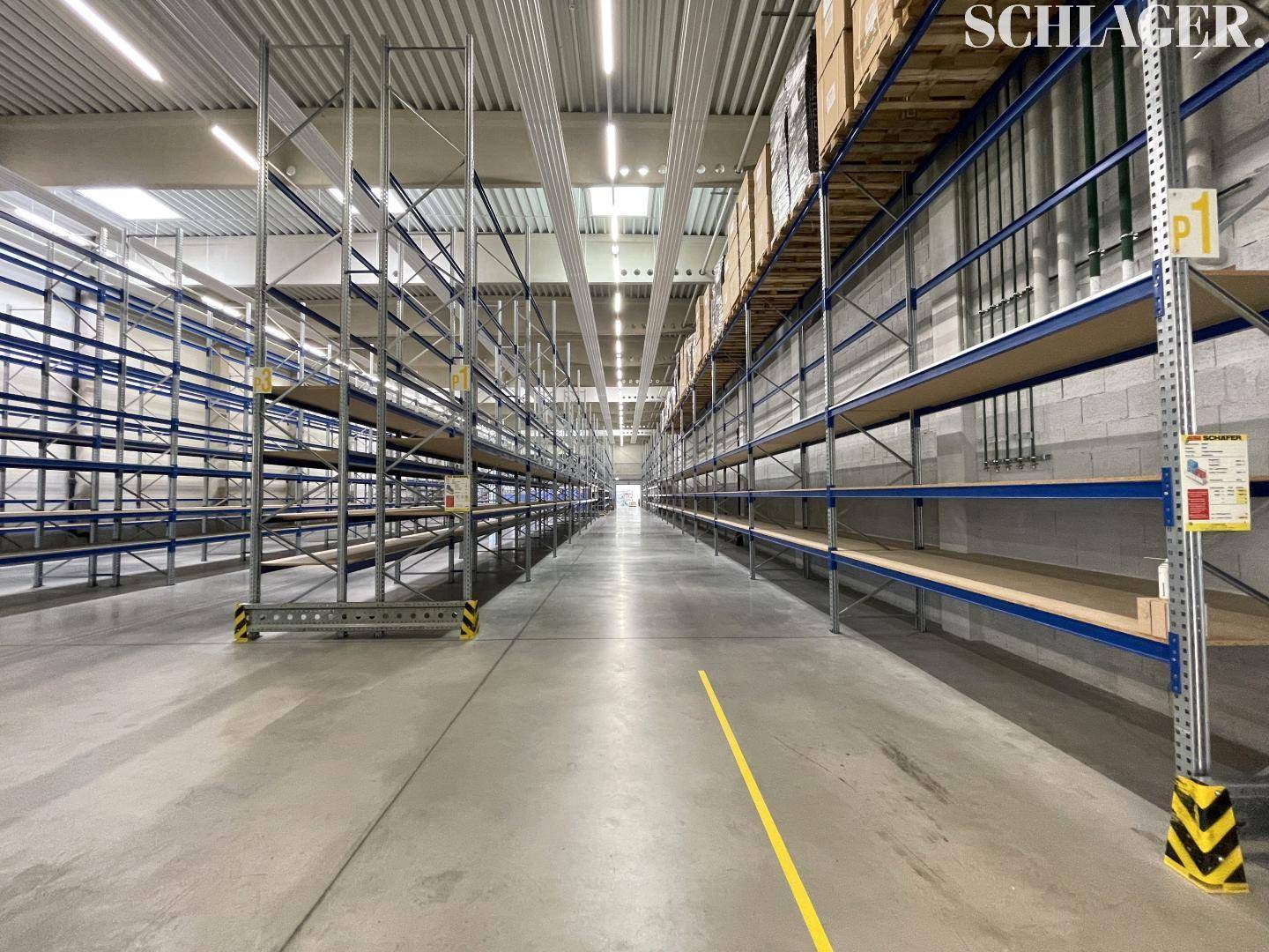 Geräumige Lagerhalle mit hohen Decken, leeren Metallregalen und einem polierten Betonboden.