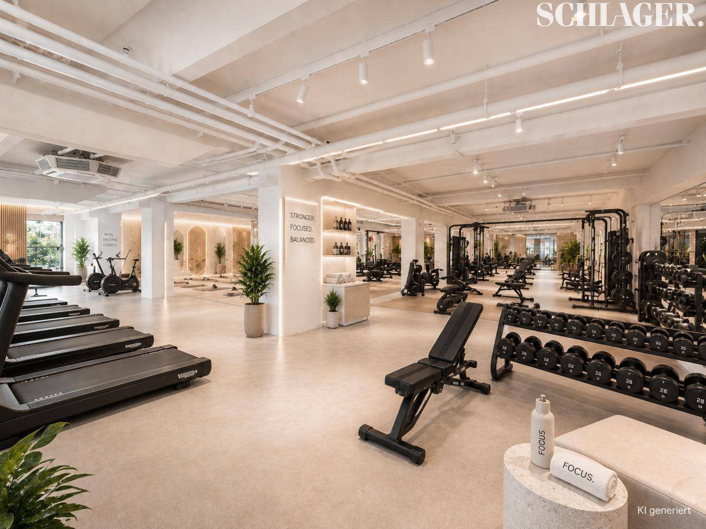 Geräumiger Fitnessbereich mit Laufbändern, Hanteln und weiteren Trainingsgeräten in hellem, modernem Ambiente.