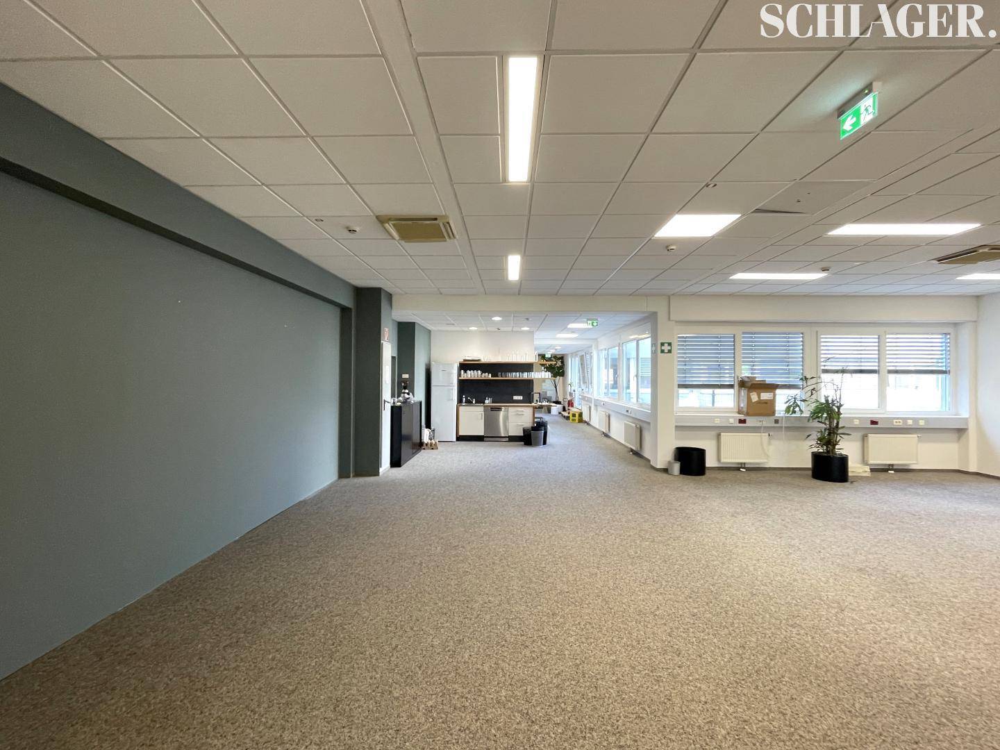 Großes Büro mit Teppichboden, Fenstern und einem kleinen Küchenbereich im Hintergrund.
