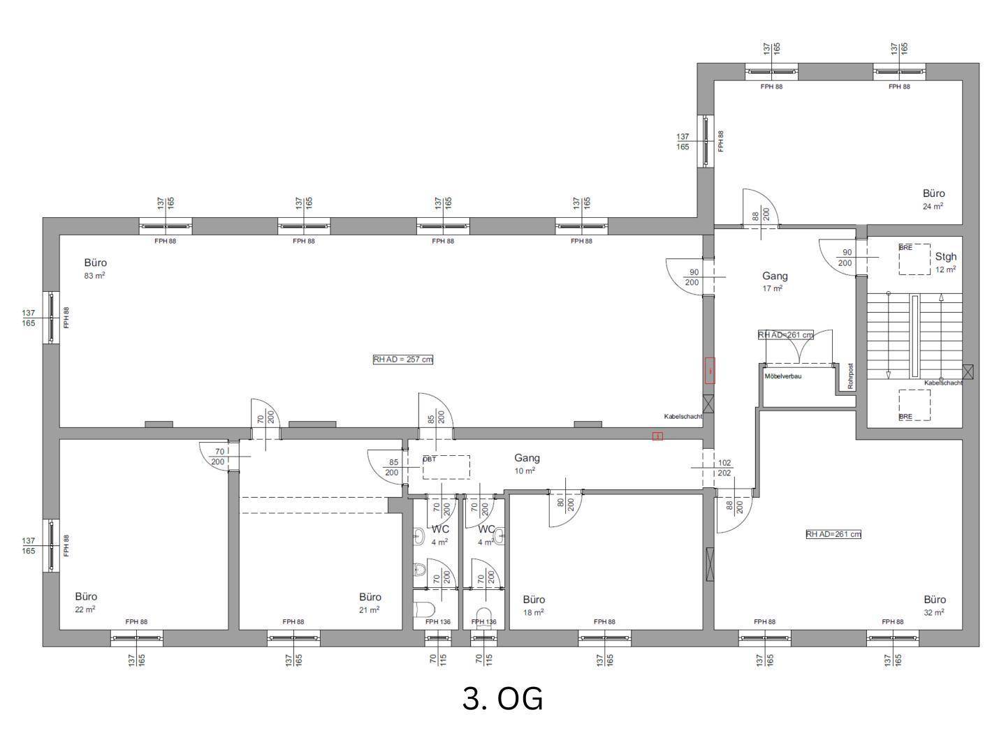 Grundriss des dritten Obergeschosses mit mehreren Büroräumen, Flur und Sanitärbereichen.