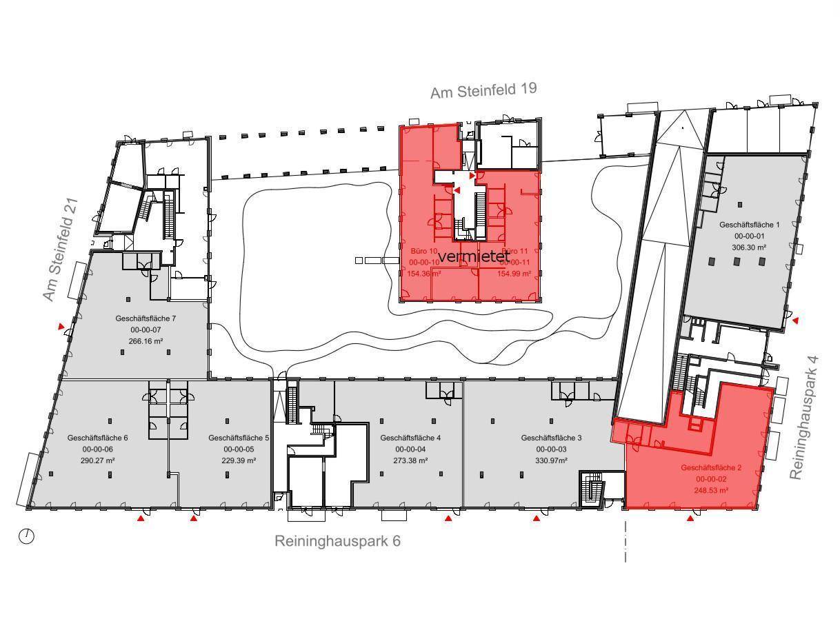 Grundrissplan mit mehreren Gewerbeflächen, wobei einige Einheiten als vermietet markiert sind.