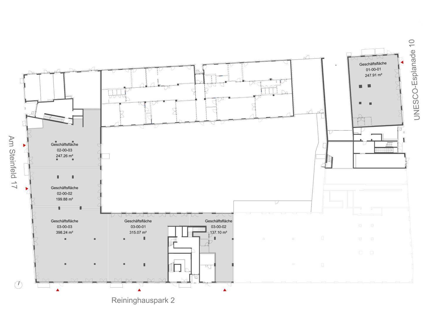 Grundrissplan mit mehreren Gewerbeflächen, inklusive Größenangaben und Straßennamen.