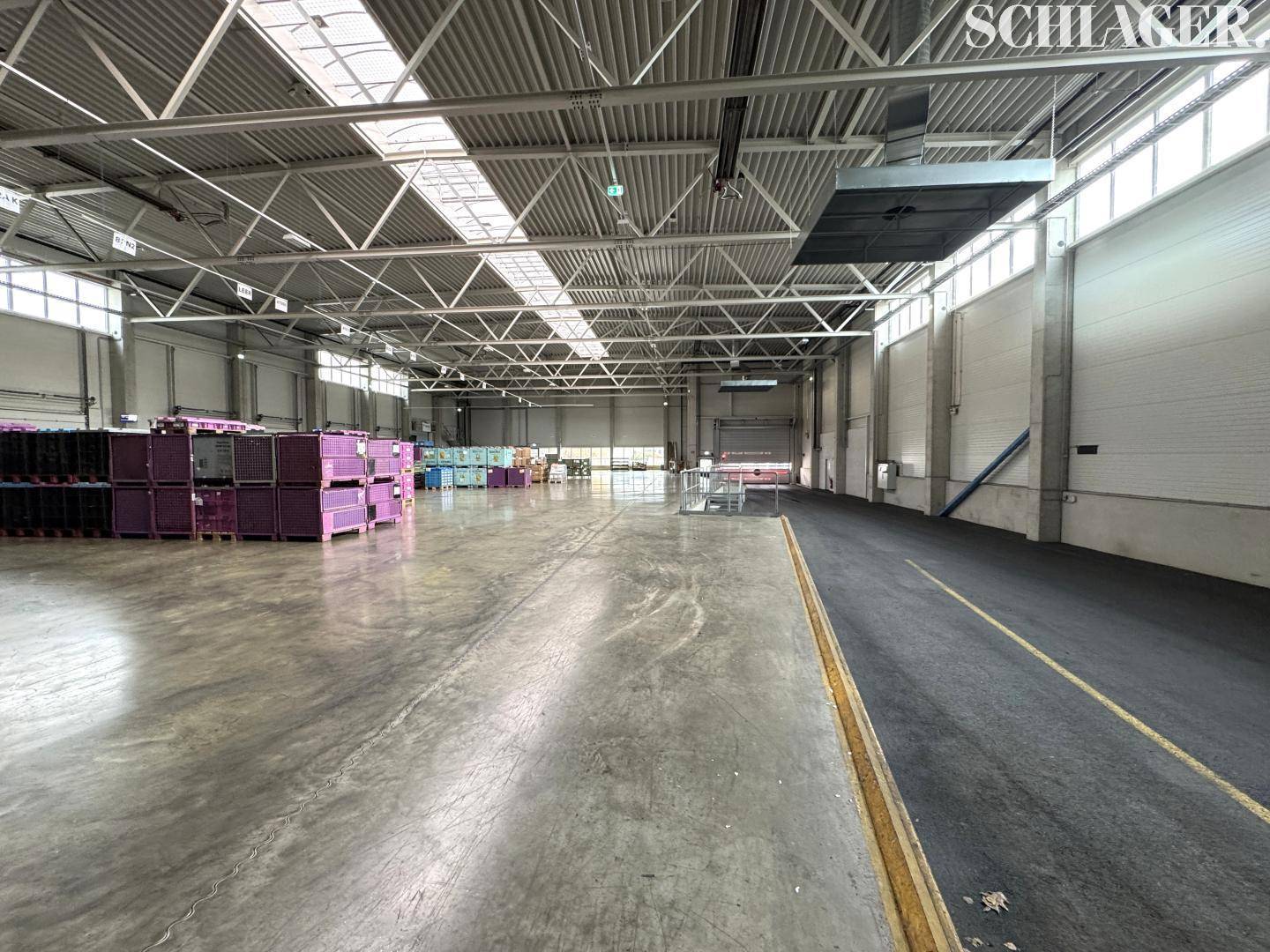 Große Lagerfläche mit Betonboden, sichtbarer Dachkonstruktion und einem Rolltor im Hintergrund für Anlieferungen.