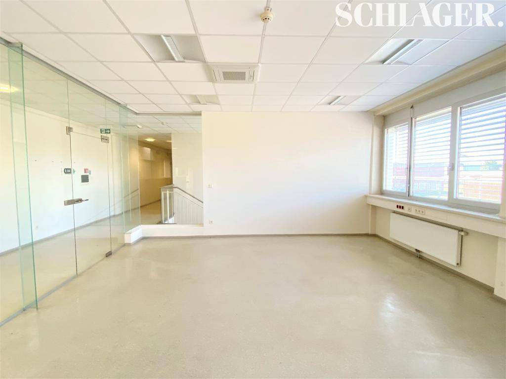 Geräumiges, leeres Büro mit großen Fenstern und Blick auf den Flur mit Glasabtrennungen.