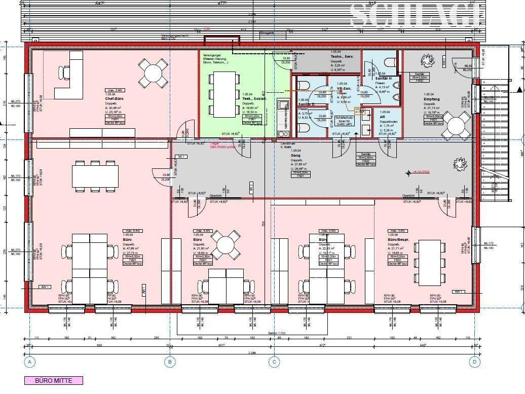 Detaillierter Grundriss einer Büroetage mit mehreren Räumen, Bädern und Balkonen.
