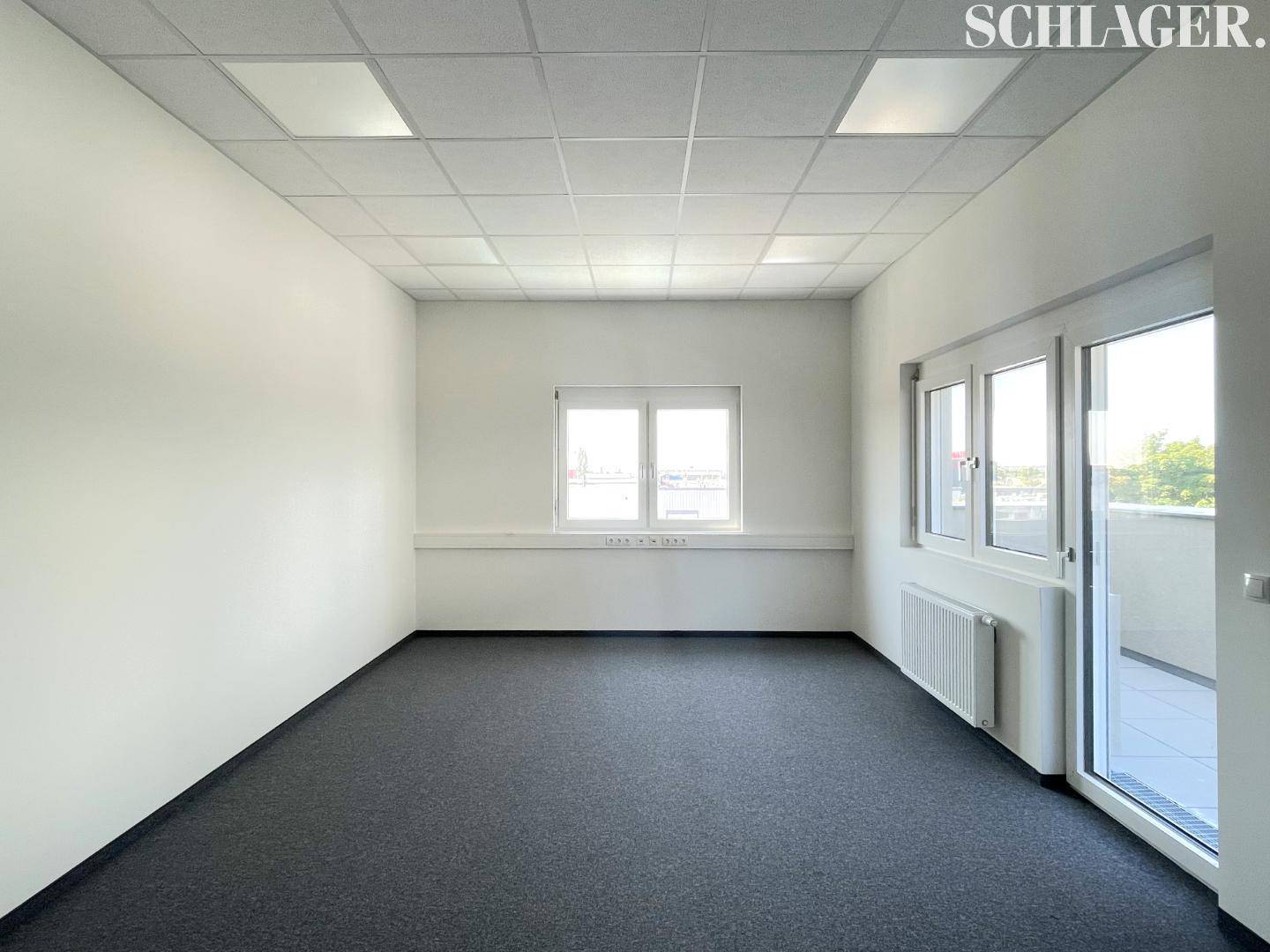 Leerer Büroraum mit großen Fenstern, Teppichboden und einer abgehängten Decke.