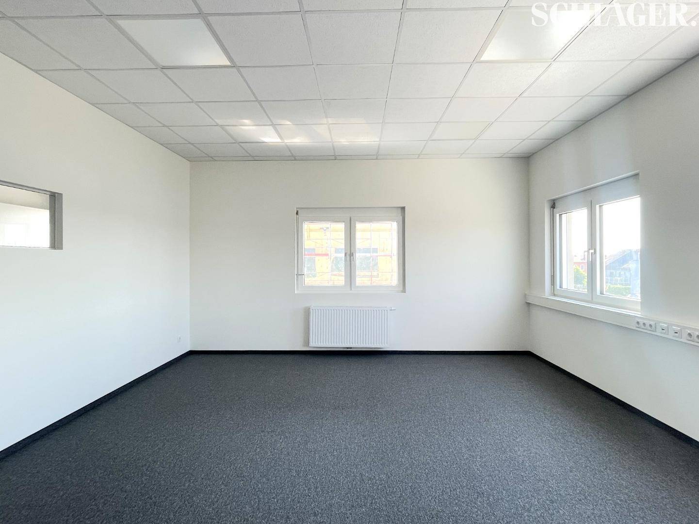 Geräumiger Büroraum mit Teppichboden, weißen Wänden und mehreren Fenstern für Tageslicht.