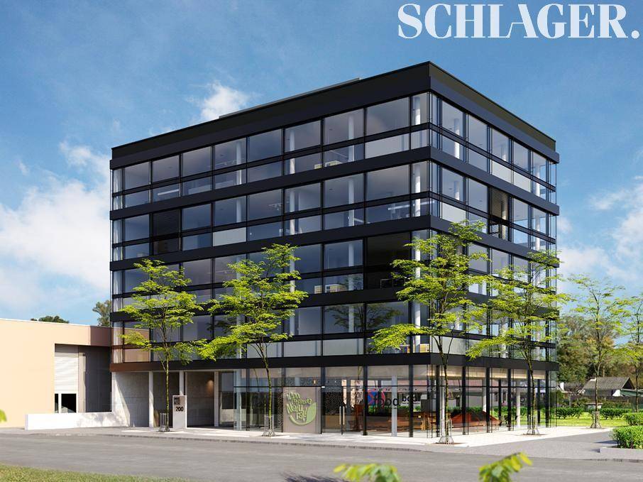 Zeitgenössisches Bürogebäude mit dunkler Fassade und reflektierenden Glasfenstern unter einem blauen Himmel.
