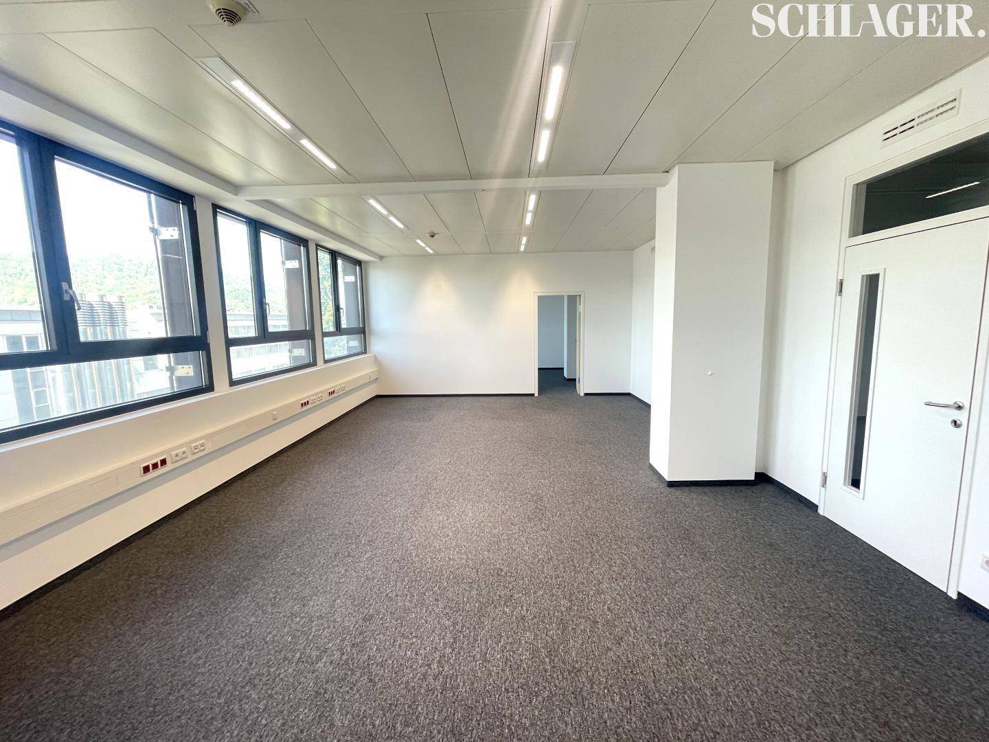 Helles Büro mit Teppichboden, mehreren Türen und großen Fenstern, bietet flexible Raumaufteilungsmöglichkeiten.