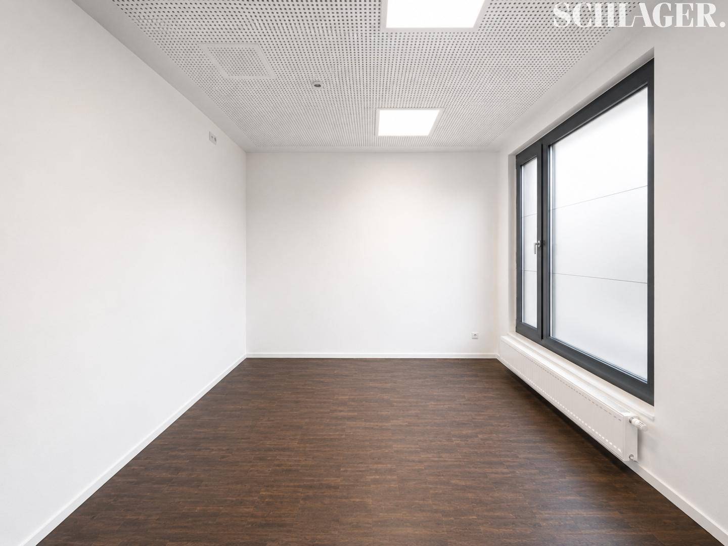 Leerer, heller Raum mit großem Fenster, dunklem Laminatboden und weiß gestrichenen Wänden.