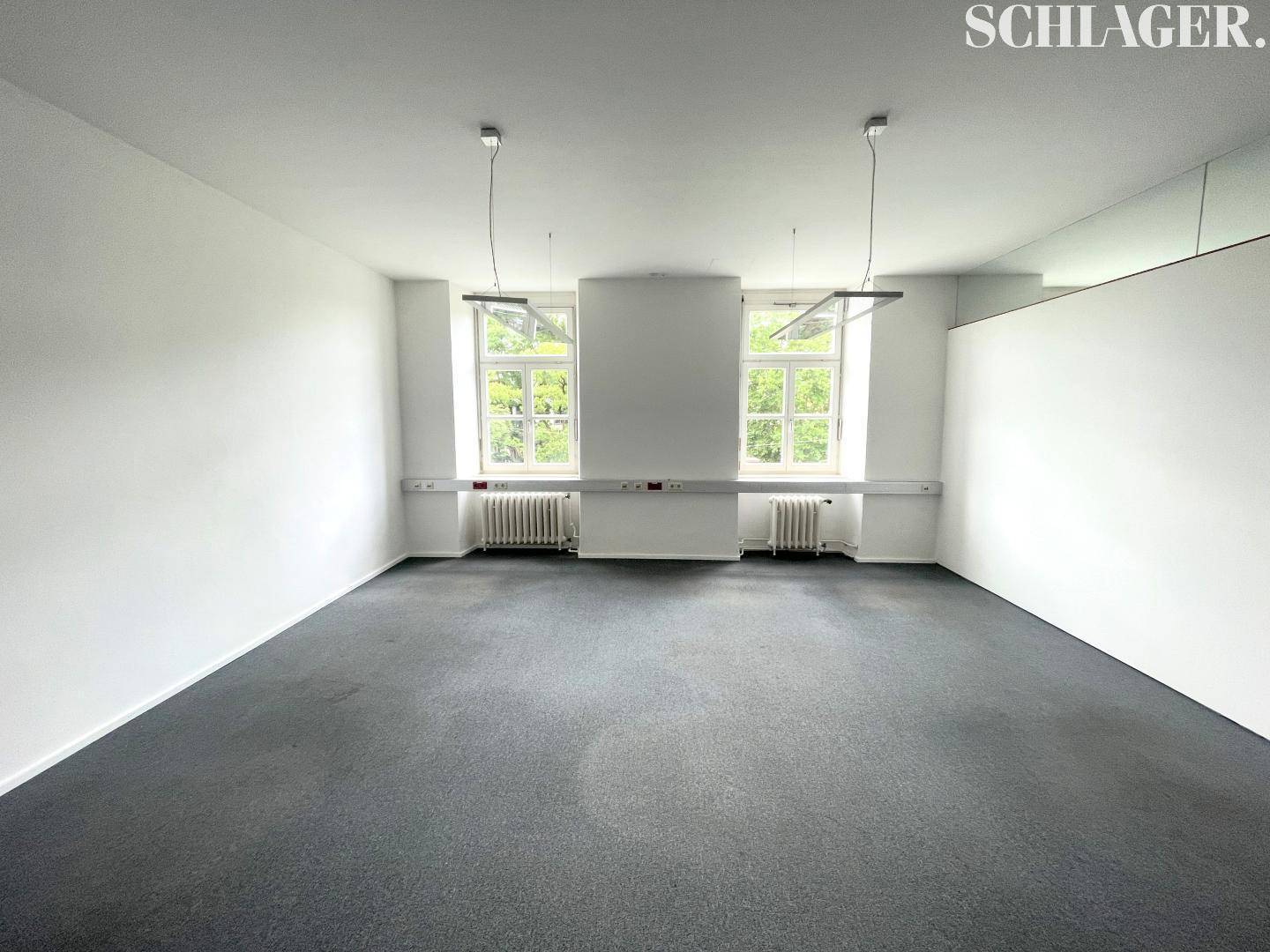 Leerer Büroraum mit weißen Wänden, dunklem Teppichboden und zwei Fenstern mit Heizkörpern darunter.