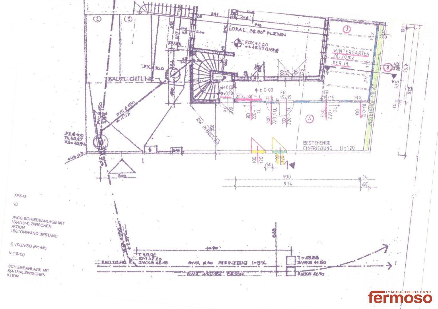 Ausschnitt eines Bauplans mit detaillierten Maßen und der Darstellung eines Wintergartens.