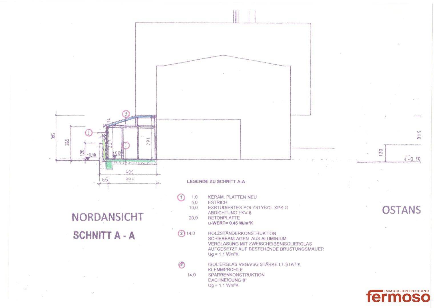 Nordansicht und Schnitt A-A des Gebäudes mit Details zur Konstruktion und Verglasung.